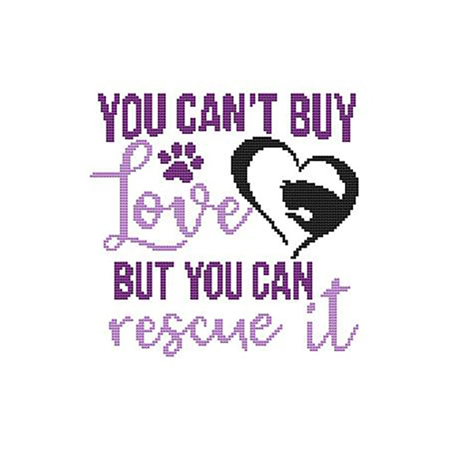 A stitched preview of the counted cross stitch pattern A Cat Saying - You Can't Buy Love by Marcia Manning