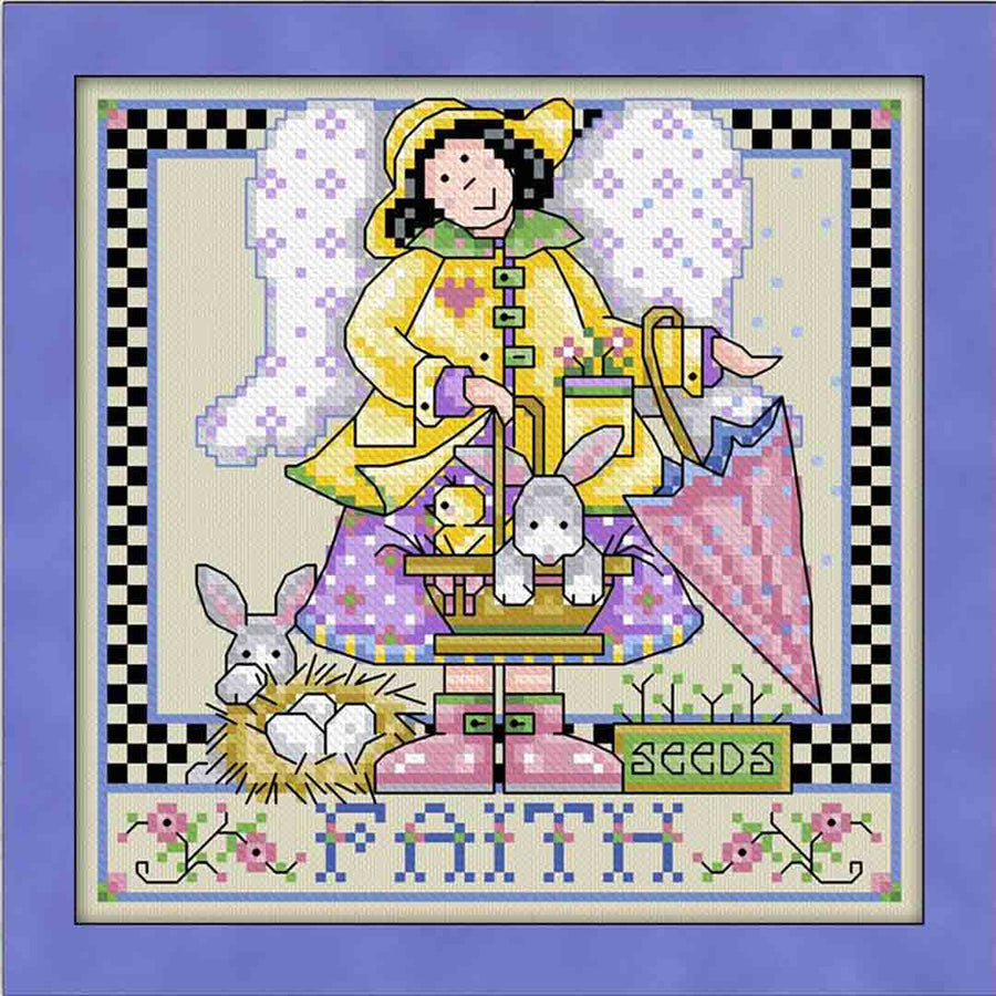 A stitched preview of the counted cross stitch pattern A Year Of Angels April Faith by Joan A Elliott