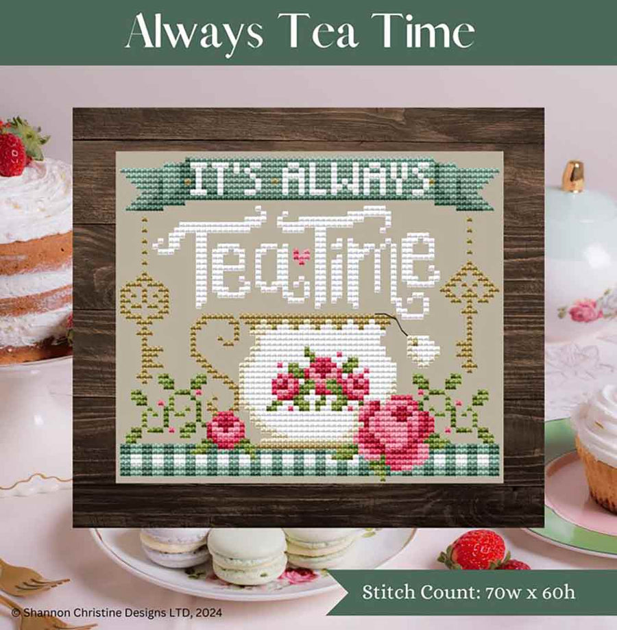A stitched preview of the counted cross stitch pattern Always Tea Time by Shannon Christine Designs