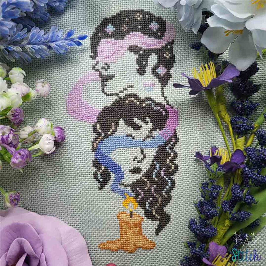 A stitched preview of the counted cross stitch pattern Eros And Psyche by BAD Stitch