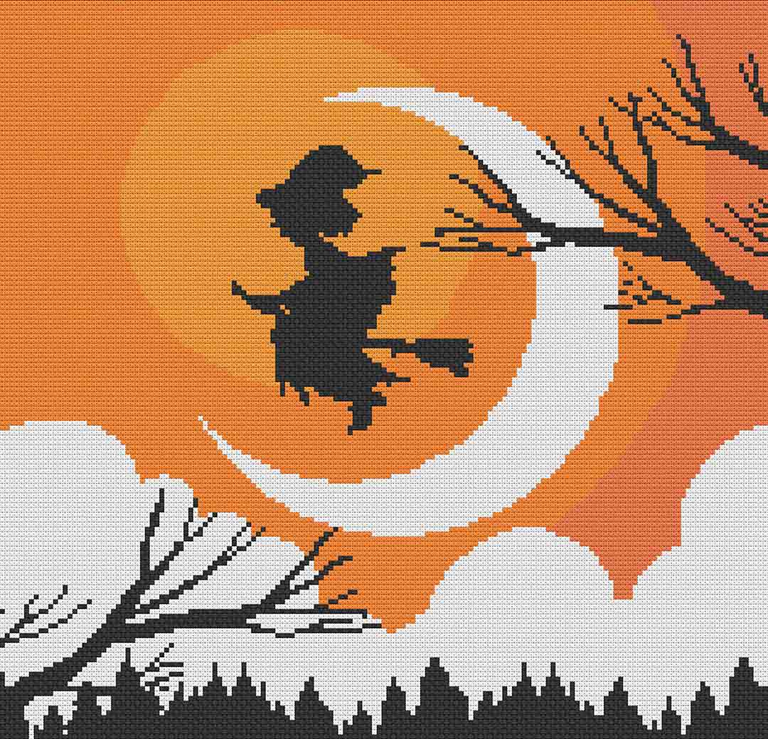 Image of stitched preview of "Witch A Ride" Counted Cross Stitch Pattern and Kit by Stitch Wit