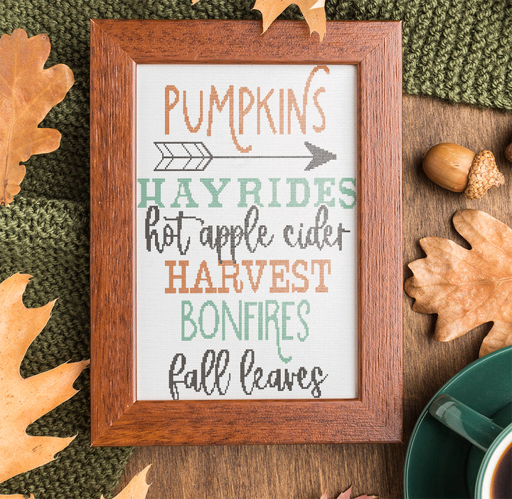 Stitched and framed preview of All Things Fall Counted Cross Stitch Pattern and Kit