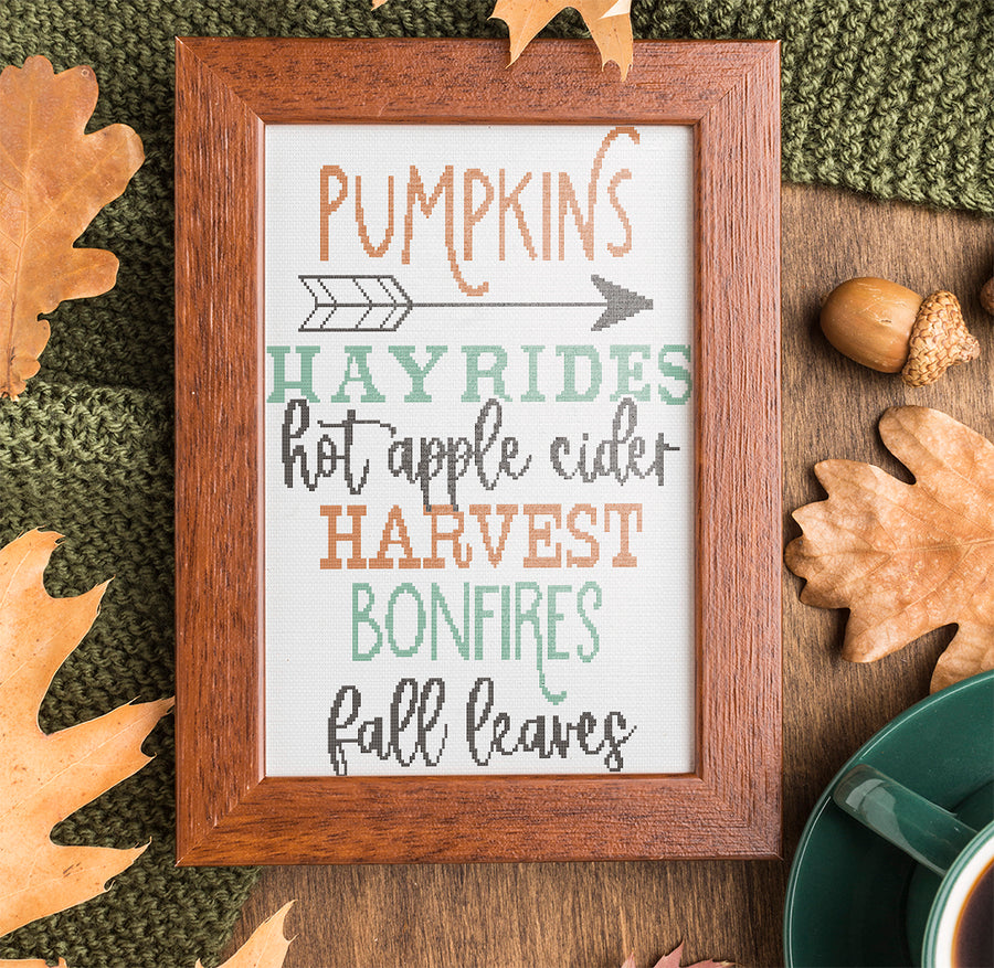 Stitched and framed preview of All Things Fall Counted Cross Stitch Pattern and Kit