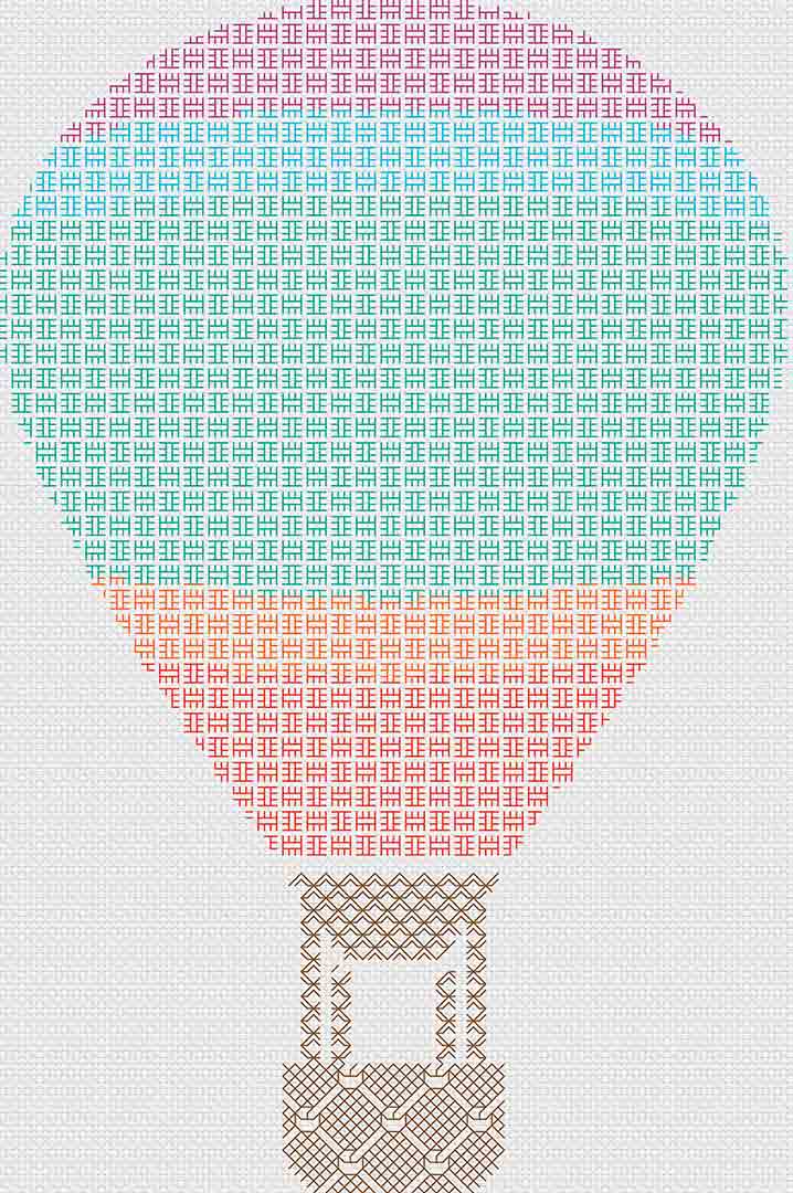 A stitched preview of Blackwork Hot Air Balloon: Counted Cross Stitch Pattern and Kit