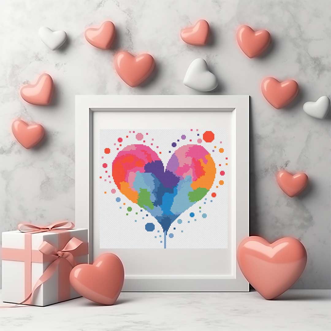 A stitched preview of the counted cross stitch pattern and kit Bright Heart by Stitch Wit