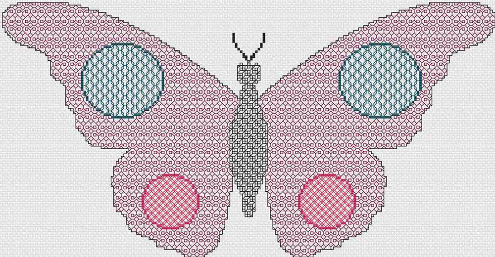 A stitched preview of Blackwork Butterfly: Counted Cross Stitch Pattern and Kit