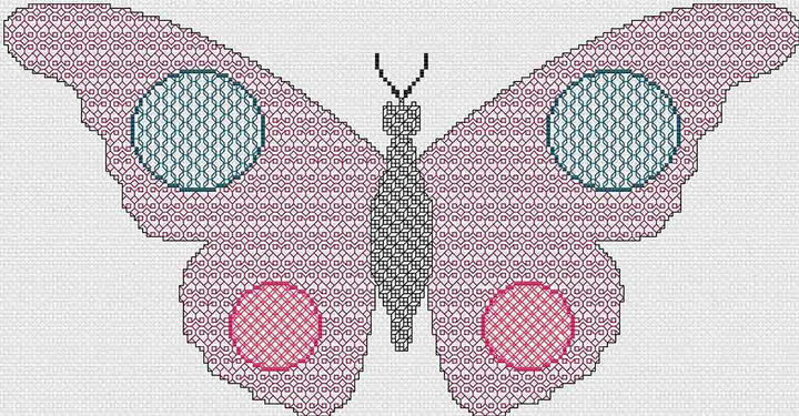 A stitched preview of Blackwork Butterfly: Counted Cross Stitch Pattern and Kit