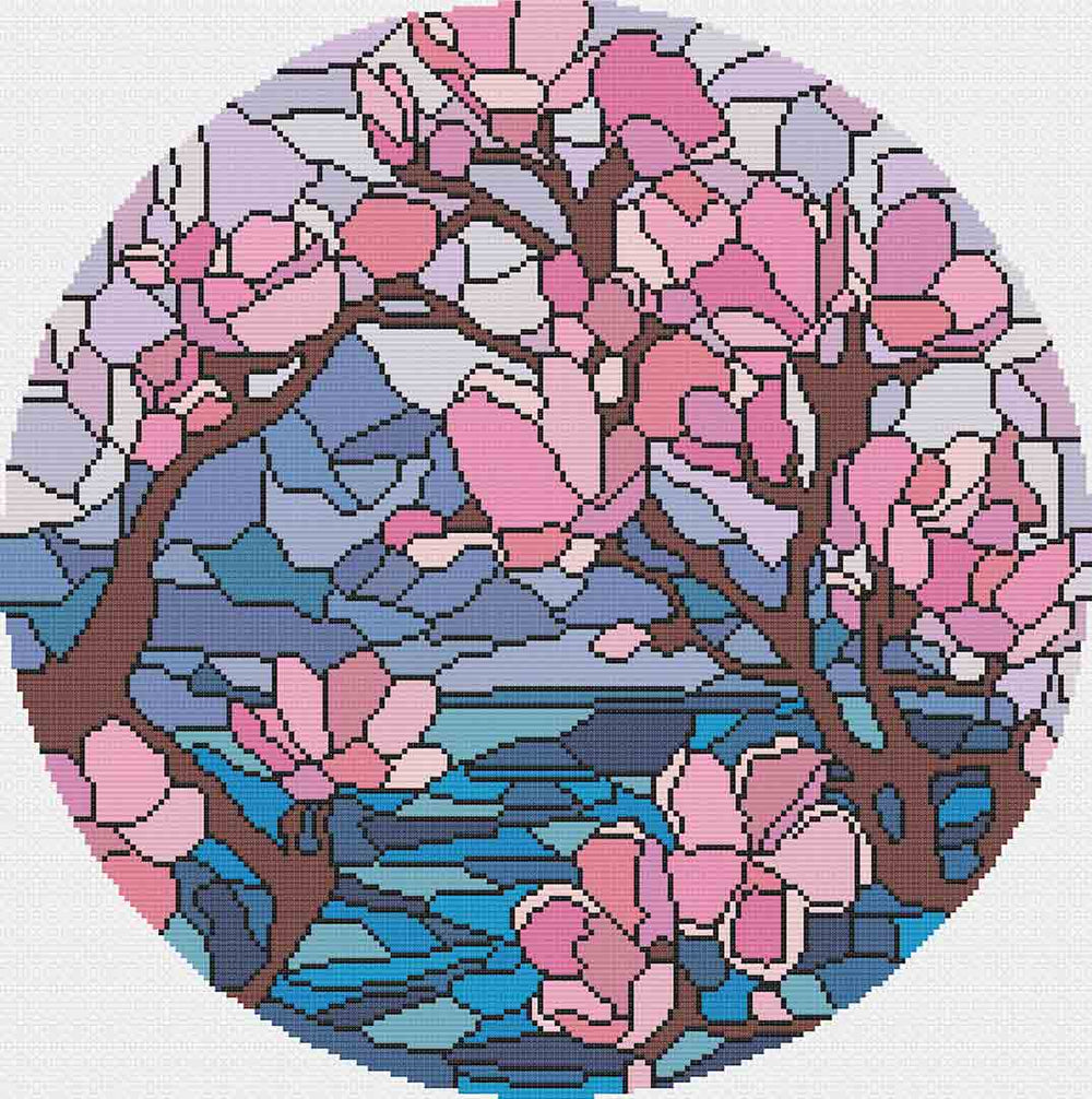A stitched preview of the counted cross stitch pattern Stained Glass Cherry Blossoms by Stitch Wit