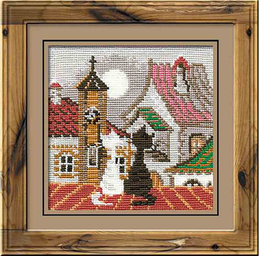 A stitched preview of City And Cats Spring Counted Cross Stitch Kit