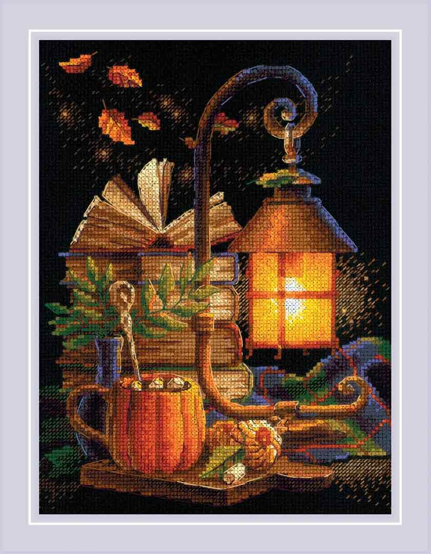 A stitched preview of Cozy Autumn Counted Cross Stitch Kit