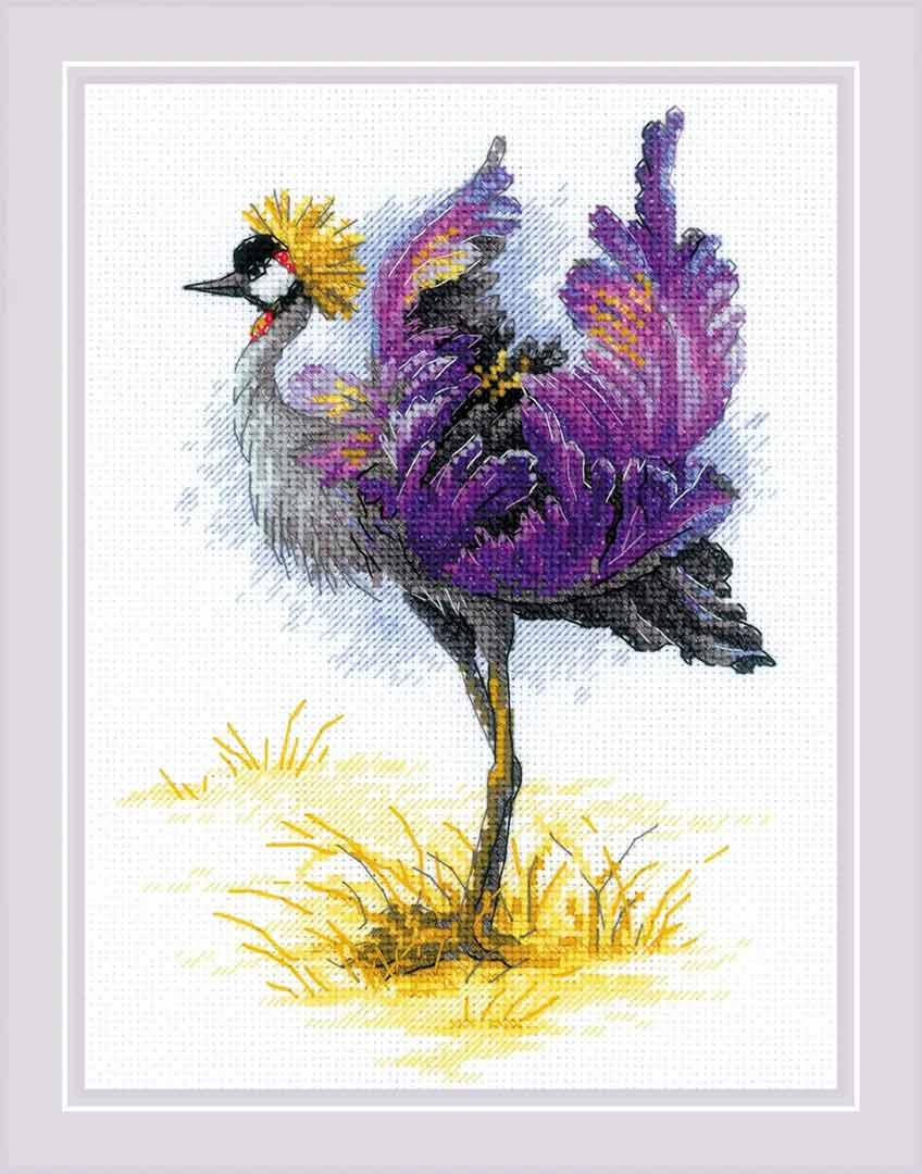 A stitched preview of Crowned Crane Counted Cross Stitch Kit