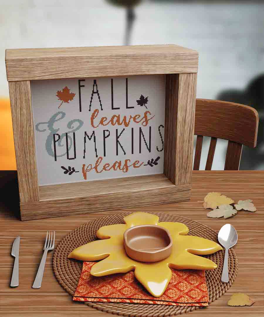 Image of stitched and framed preview of "Fall Leaves" counted cross stitch pattern and kit by Stitch Wit