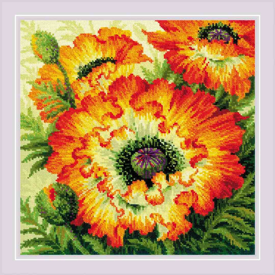 A stitched preview of Fire Poppies Counted Cross Stitch Kit