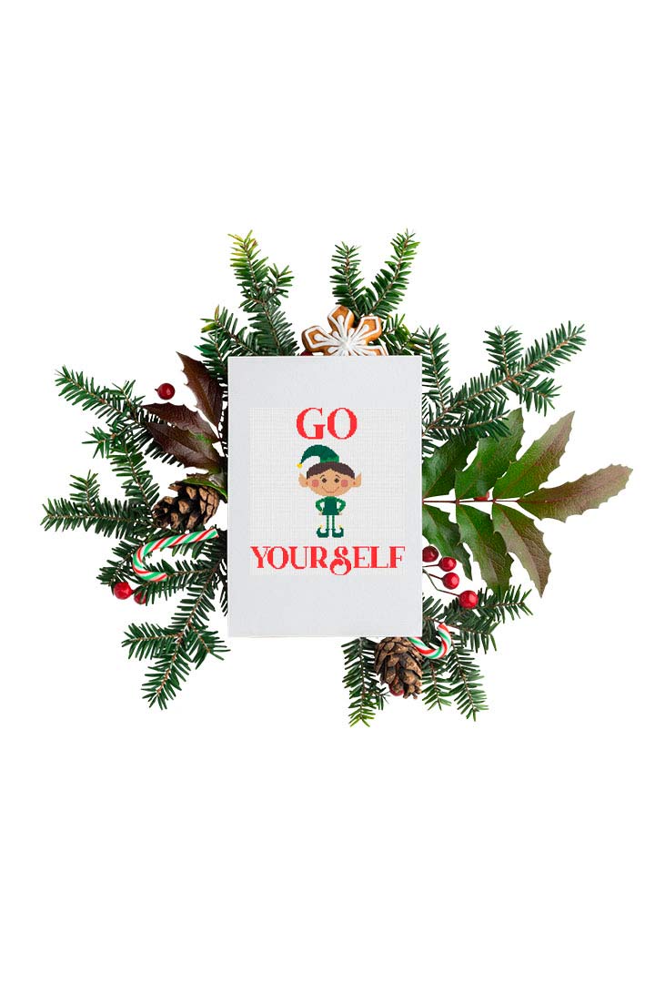 A stitched preview of the counted cross stitch pattern Go Elf by Stitch Wit