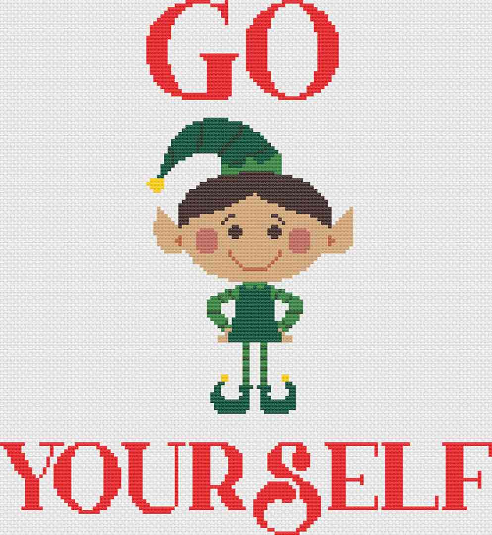 A stitched preview of the counted cross stitch pattern Go Elf by Stitch Wit
