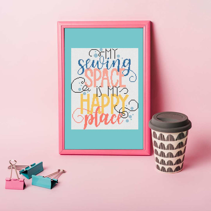 A stitched preview of the counted cross stitch pattern "Happy Place" by Stitch Wit