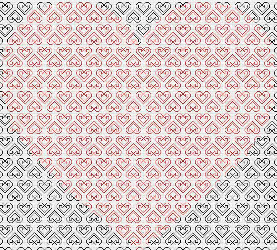 A stitched preview of the counted cross stitch pattern Blackwork Heart Of Hearts by Stitch Wit