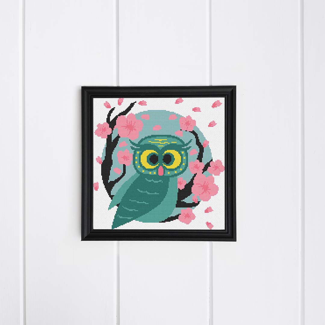 Stitched and framed preview of Hello Owl Counted Cross Stitch Pattern and Kit