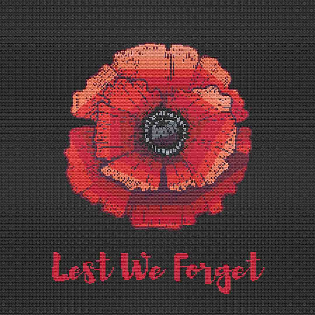 Image of stitched preview of "Lest We Forget" a free counted cross stitch pattern by Stitch Wit