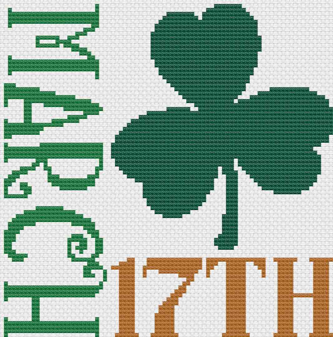 A stitched preview of the free counted cross stitch pattern March 17th by Stitch Wit
