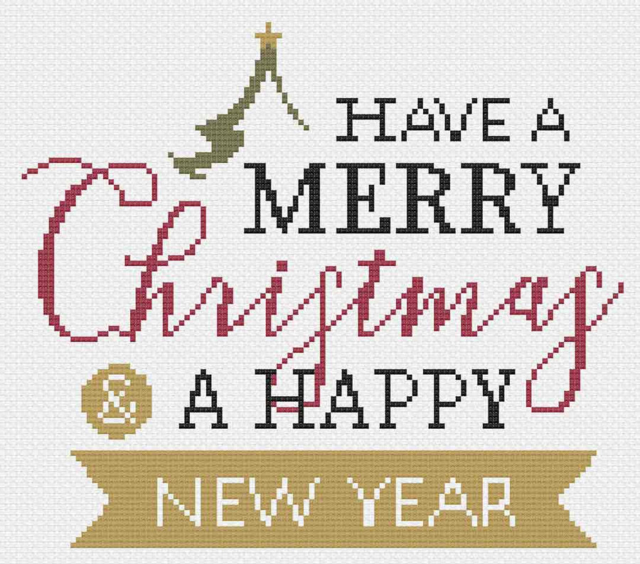 Image of stitched preview of "Merry Christmas, Happy New Year" free counted cross stitch pattern by Stitch Wit