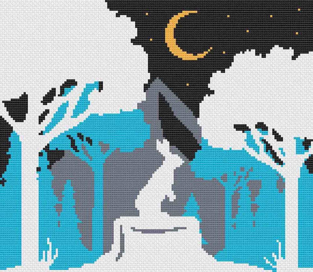 A stitched preview of the counted corss stitch pattern and kit "Rabbit At Night" by Stitch Wit
