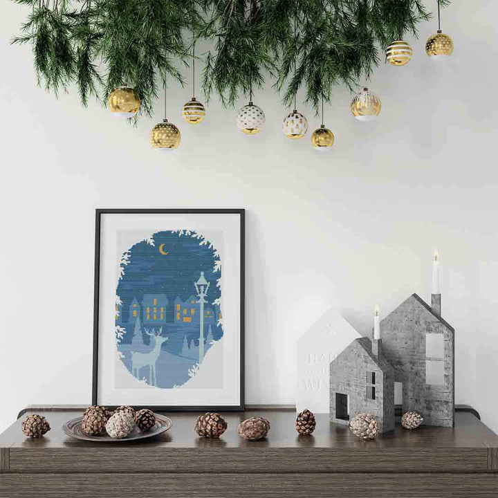 A stitched preview of the counted cross stitch pattern Silent Night: Counted Cross Stitch Pattern and Kit