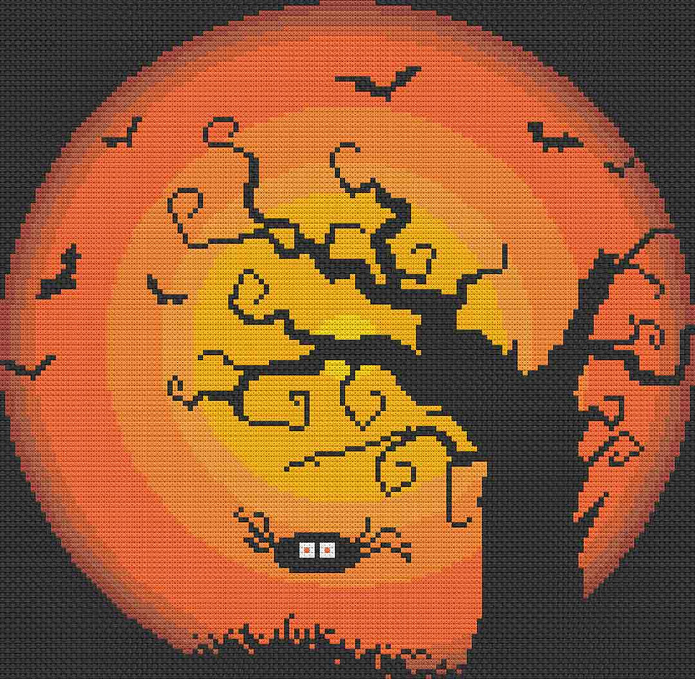 Image of stitched preview of "Spider And A Tree" Counted Cross Stitch Pattern and Kit by Stitch Wit