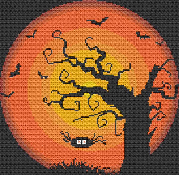 Image of stitched preview of "Spider And A Tree" Counted Cross Stitch Pattern and Kit by Stitch Wit