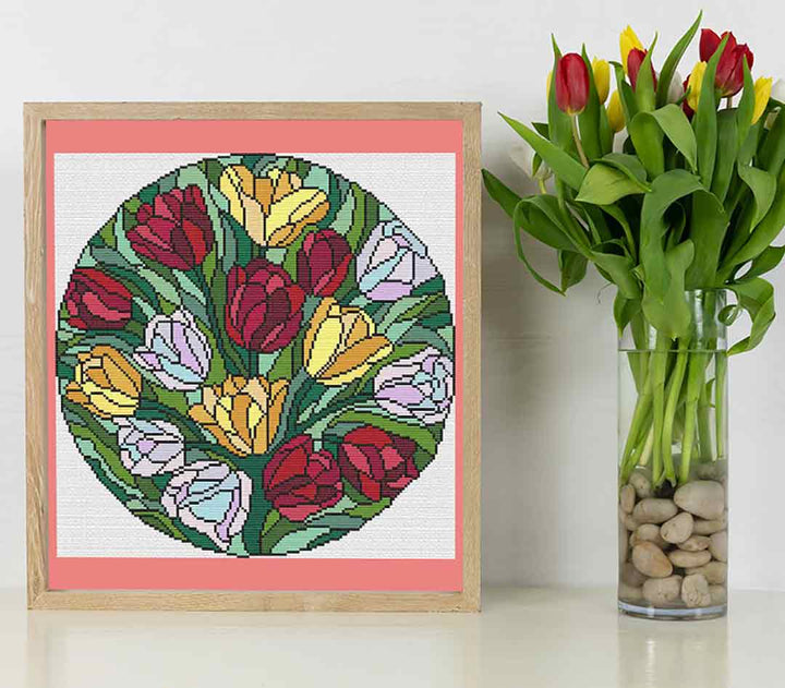 A stitched preview of the counted cross stitch pattern Stained Glass Tulips: Counted Cross Stitch Pattern and Kit