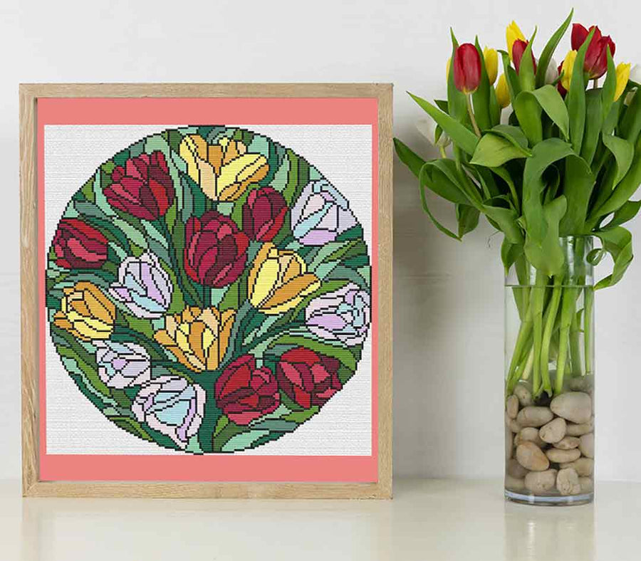 A stitched preview of the counted cross stitch pattern Stained Glass Tulips: Counted Cross Stitch Pattern and Kit