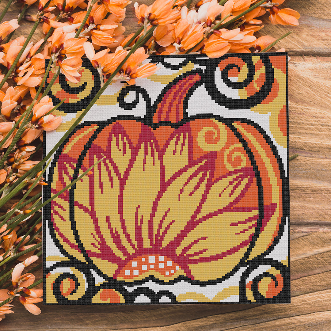Stitched and framed preview of Sunflower Pumpkin Counted Cross Stitch Pattern and Kit