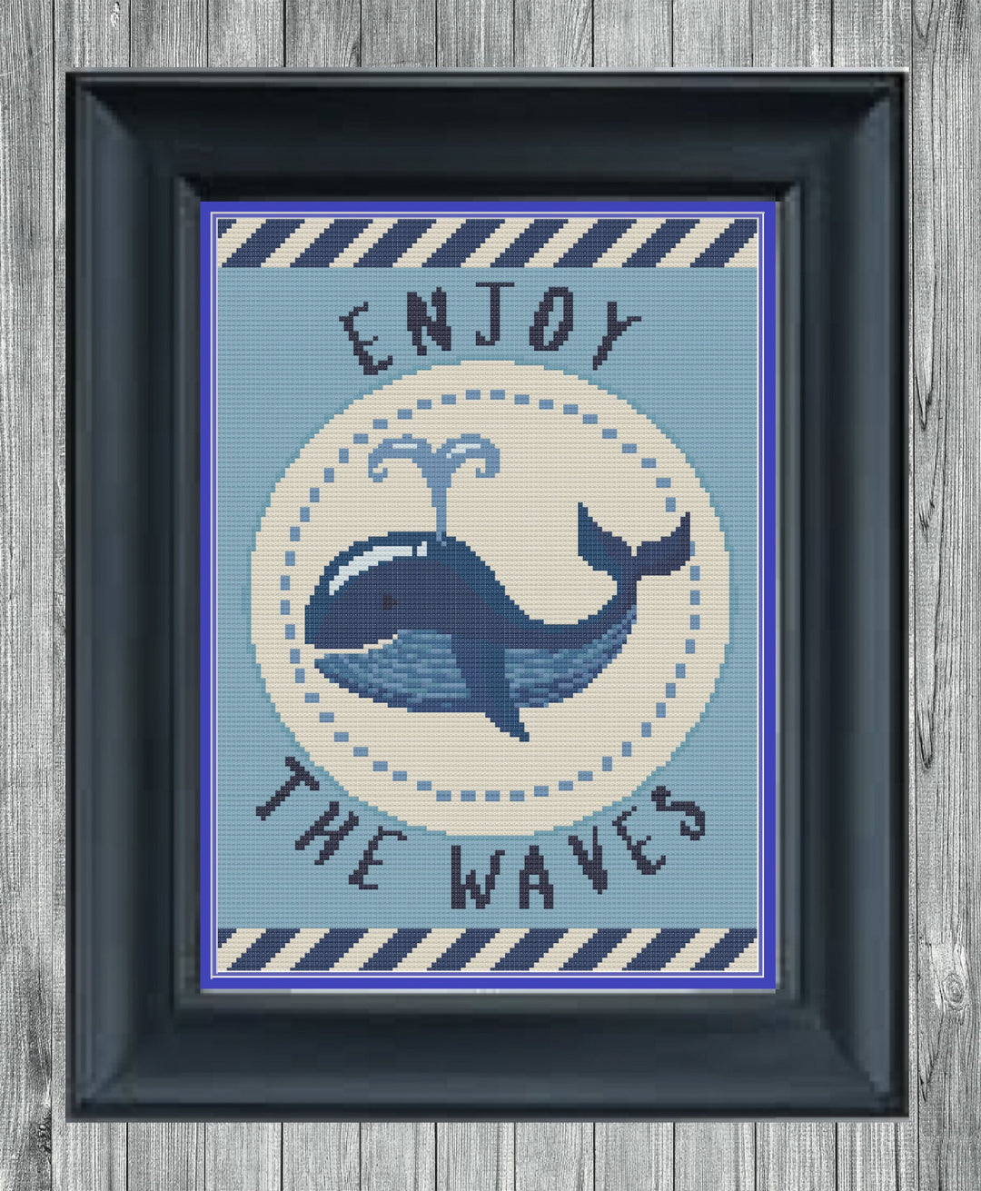 Stitched and framed preview of Enjoy The Waves Counted Cross Stitch Pattern and Kit