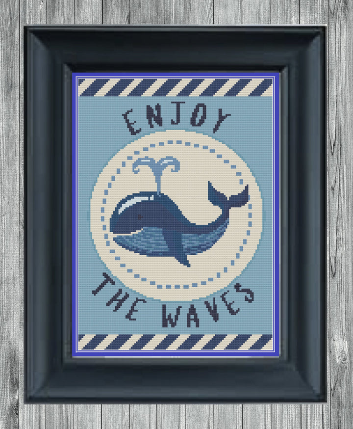 Stitched and framed preview of Enjoy The Waves Counted Cross Stitch Pattern and Kit