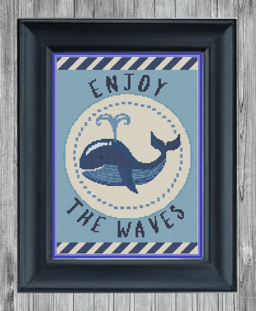 Stitched and framed preview of Enjoy The Waves Counted Cross Stitch Pattern and Kit