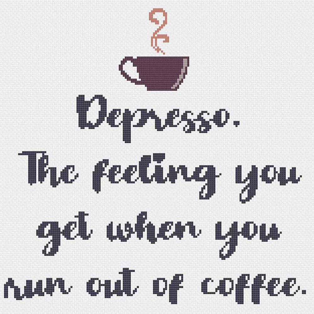 Stitched preview of Depresso Counted Cross Stitch Pattern and Kit