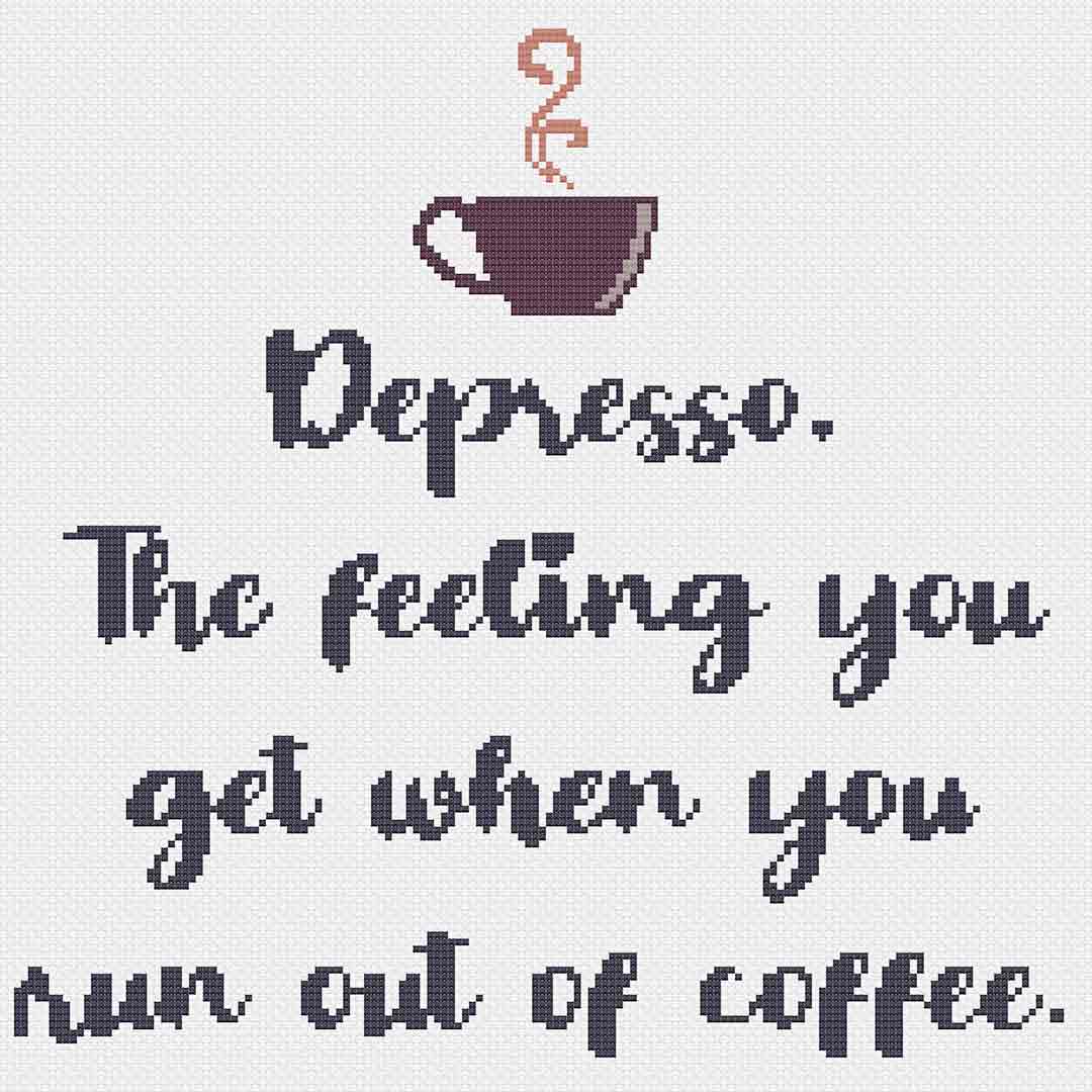 Stitched preview of Depresso Counted Cross Stitch Pattern and Kit
