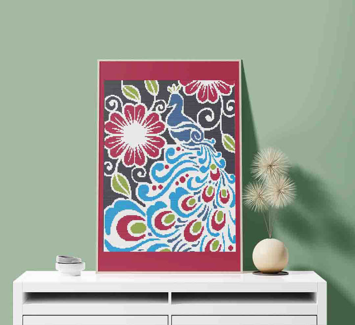 Stitched and framed preview of Majestic Peacock Counted Cross Stitch Pattern and Kit
