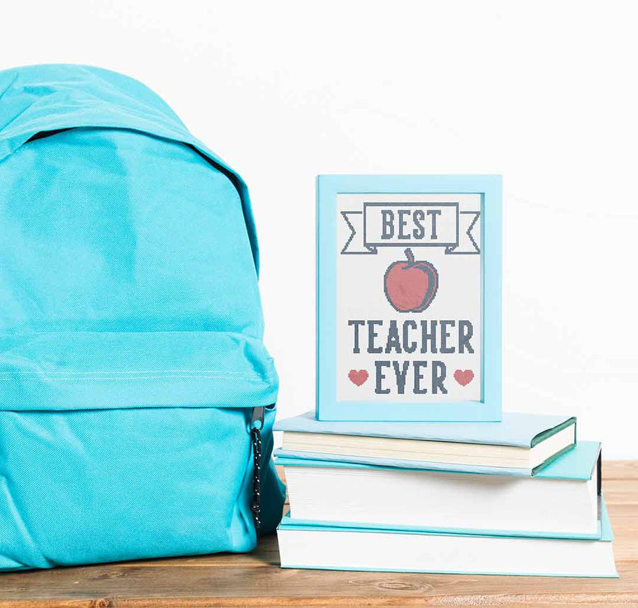 Stitched and framed preview of Best Teacher Counted Cross Stitch Pattern and Kit