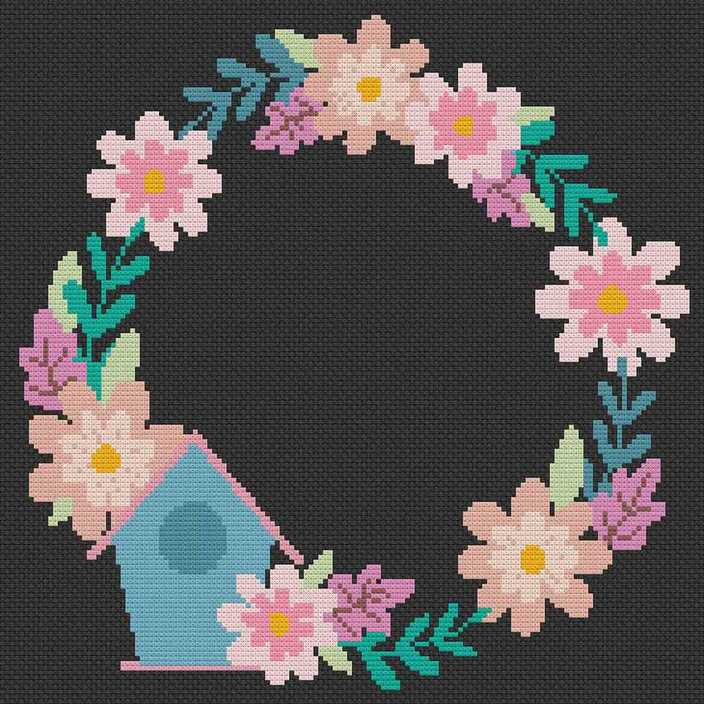 Stitched preview of Birdhouse and Flowers Counted Cross Stitch Pattern and Kit