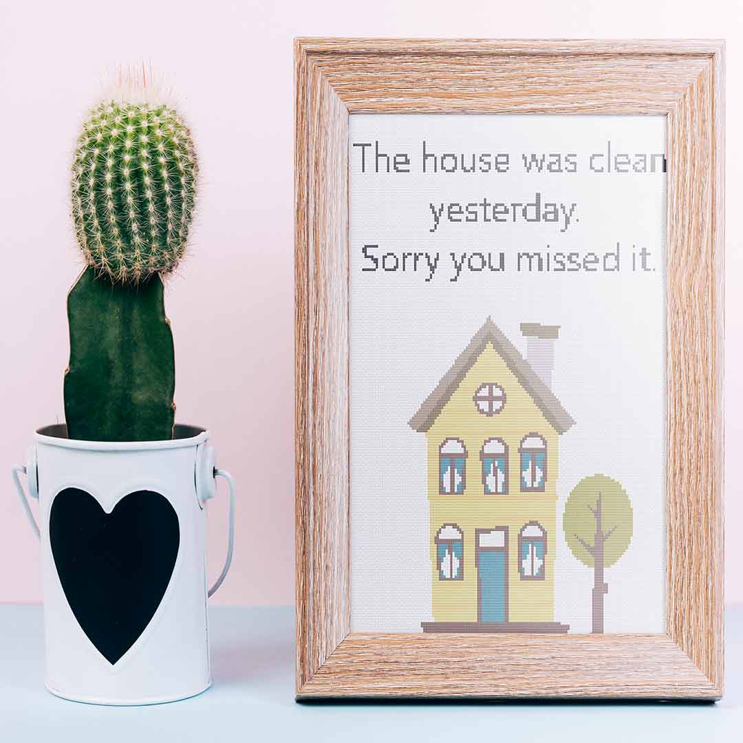 Stitched and framed preview of Clean Yesterday Counted Cross Stitch Pattern and Kit