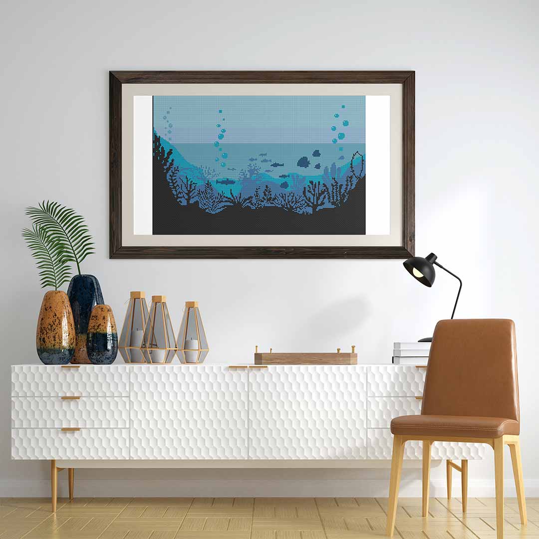 Stitched and framed preview of Deep Blue Sea Counted Cross Stitch Pattern and Kit