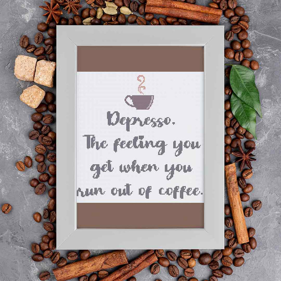Stitched and framed preview of Depresso Counted Cross Stitch Pattern and Kit