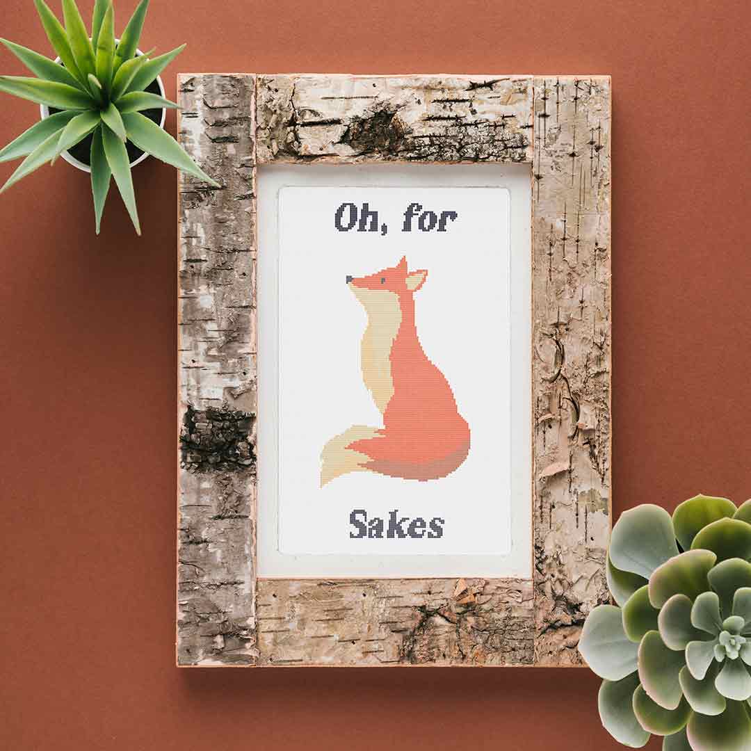 Stitched and framed preview of Fox Sakes Counted Cross Stitch Pattern and Kit