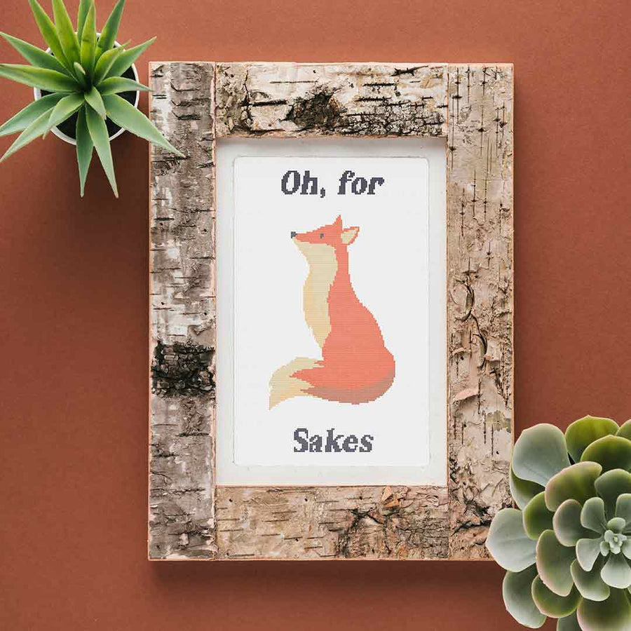 Stitched and framed preview of Fox Sakes Counted Cross Stitch Pattern and Kit