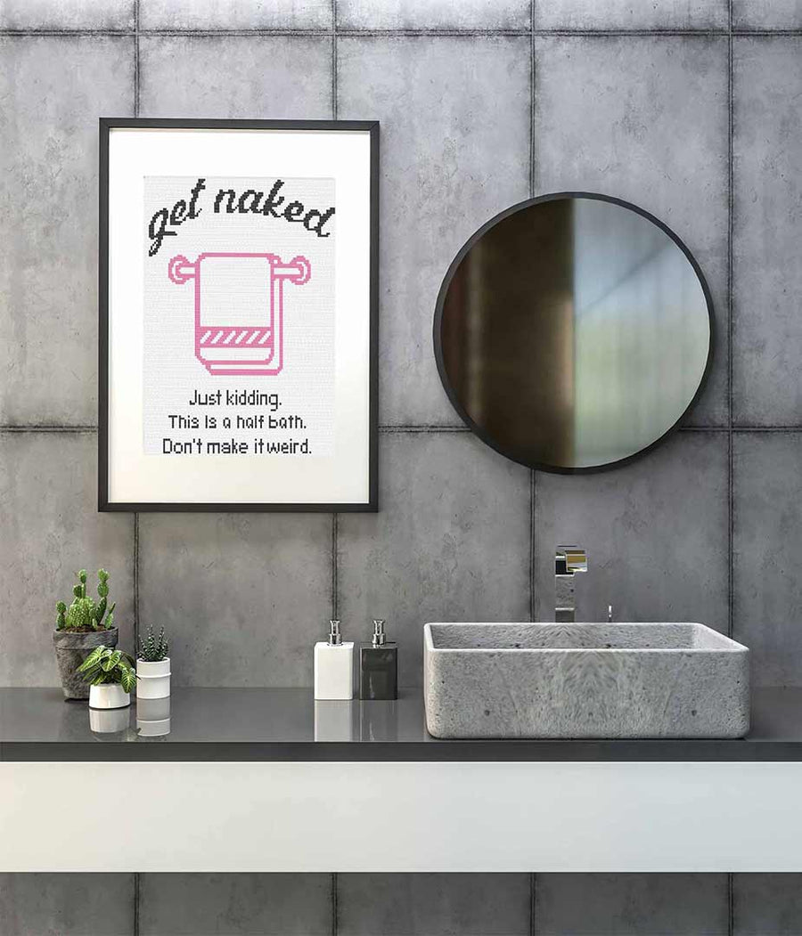 Stitched and framed preview of Get Naked Counted Cross Stitch Pattern and Kit