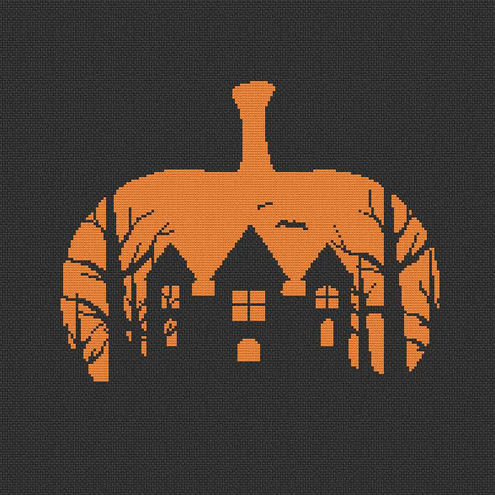 Stitched preview of Halloween Silhouette Counted Cross Stitch Pattern and Kit