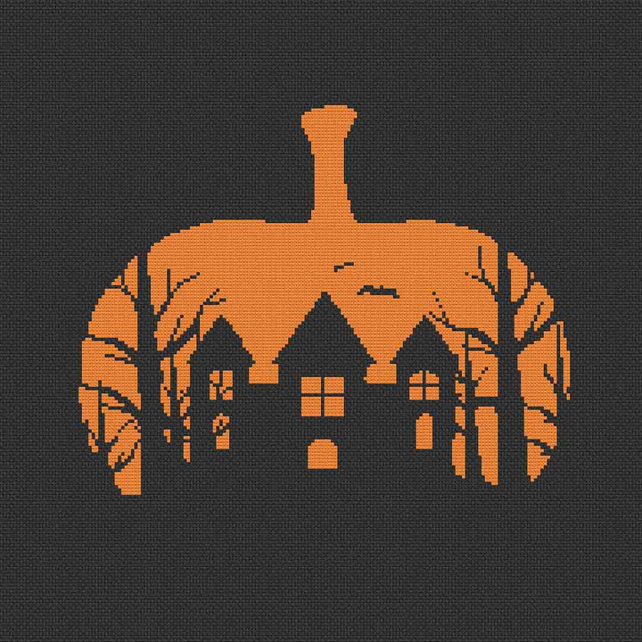 Stitched preview of Halloween Silhouette Counted Cross Stitch Pattern and Kit