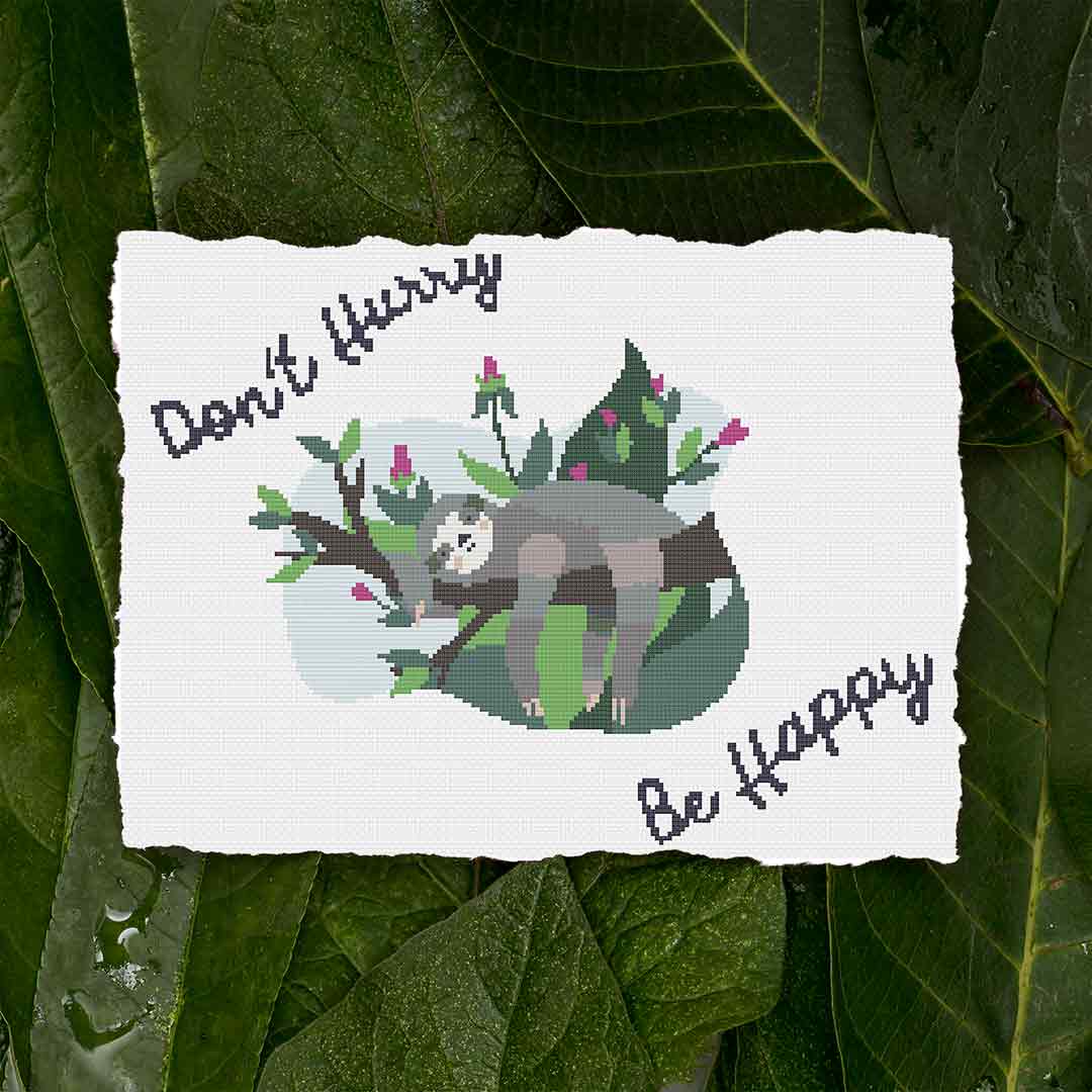 Stitched preview of Happy Sloth Counted Cross Stitch Pattern and Kit