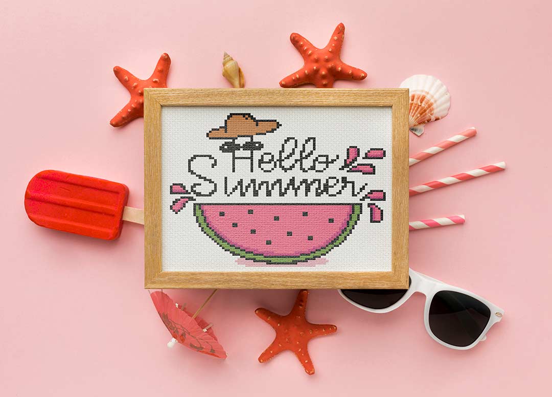 Stitched and framed preview of Hello Summer Counted Cross Stitch Pattern and Kit